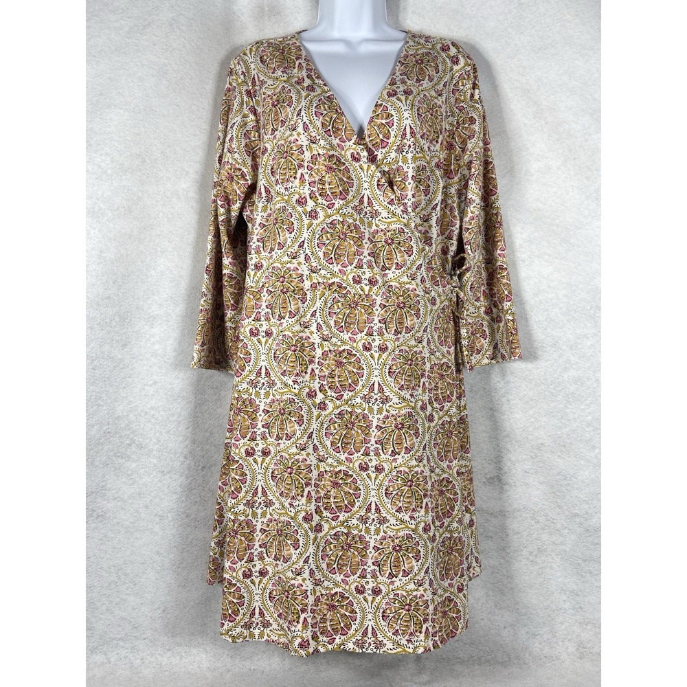 Spartina Wrap Dress Women's XL Yellow Pink V-Neck 3/4 Sleeve Floral EUC